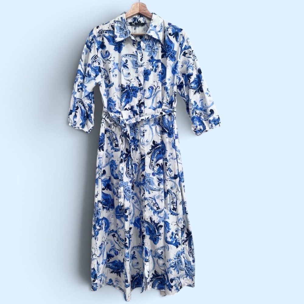 Zara Poplin shirt Dress paisley blue print size L